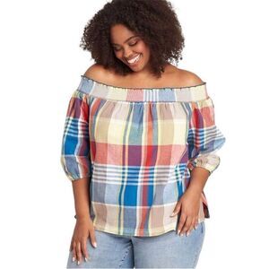 Women’s LANE BRYANT smocked off the shoulder plaid cotton linen 14 16 shirt top
